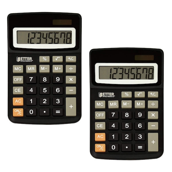 Better Office Products Desktop Calculators, 8-Digit LCD Display, Black, Dual Power with Included Button Battery, 2PK 00401 - main
